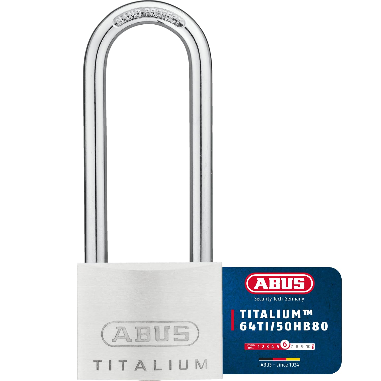 ABUS 56382 64TI/50mm TITALIUM™ Padlock 80mm Long Shackle Carded