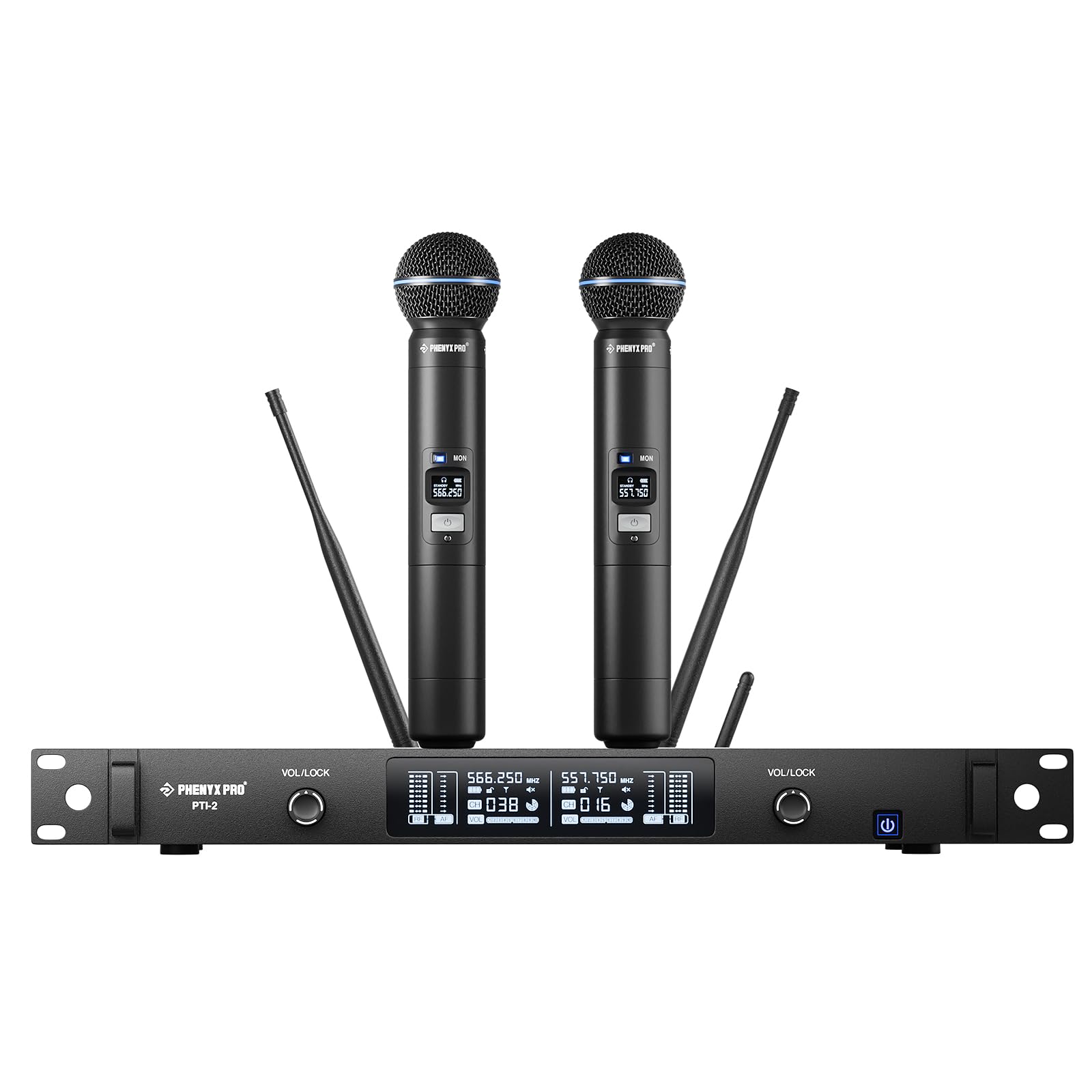 Phenyx Pro Sistema Microfono Wireless UHF Talkback 2 Canali PTI-2-2H | Auto Scan & Sync, potenza RF adattiva, 2 × 100 frequenze, portata 328 ft, microfoni dinamici a mano