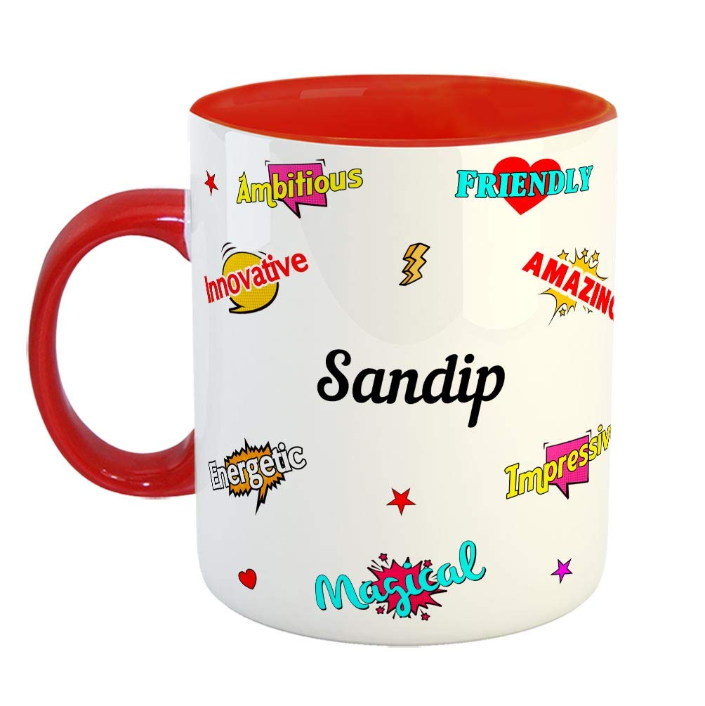 FurnishFantasy Ceramic Coffee Mug - Happy Birthday Gift, Gift for Kids, Return Gift - Red, Name - Sandip