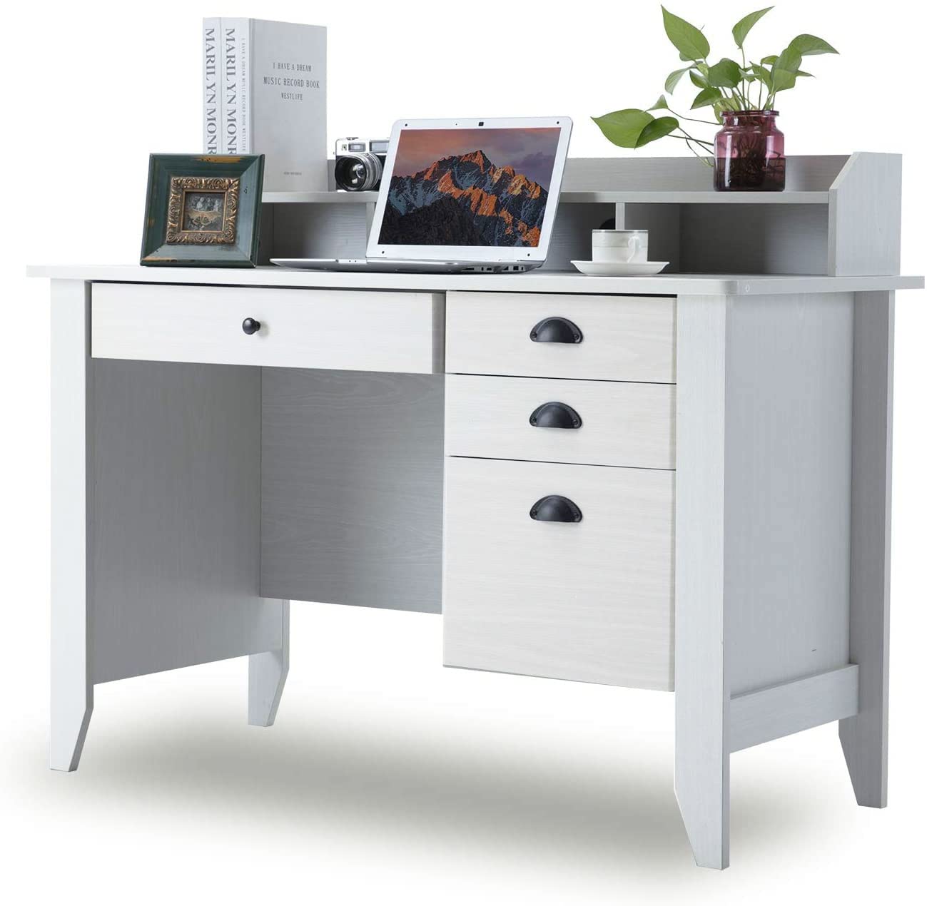 Computer Desk with Drawers and Hutch Shelf, Wood Executive Desk Teens