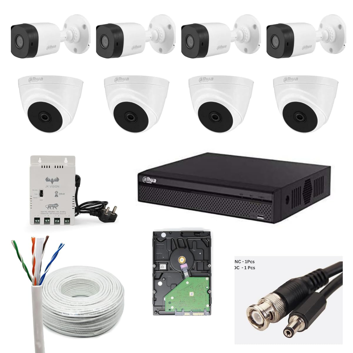 Dahua 2MP with Audio HD CCTV Camera Full Set, 4 Bullet, 4 Dome, 8 Channel DVR, 8 Channel JK Vision Power Supply, 1TB Hard Disk, 90 Meter Cable, BNC/DC Connector-picture-28