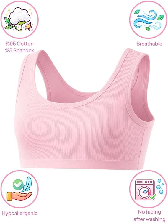Donella Girls Training Bras - Soft Cotton Ribbed Kids Sports Bra, 5 Pack Crop Tops
