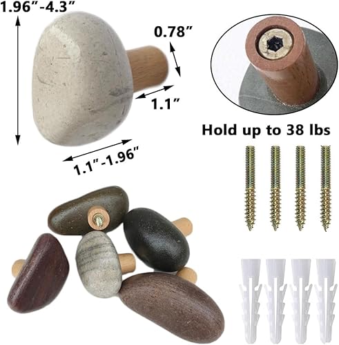 Miniatura 2 de Paquete de 4 ganchos de piedra natural montados en la pared con placa trasera de madera, ganchos decorativos resistentes para toallas, abrigos,