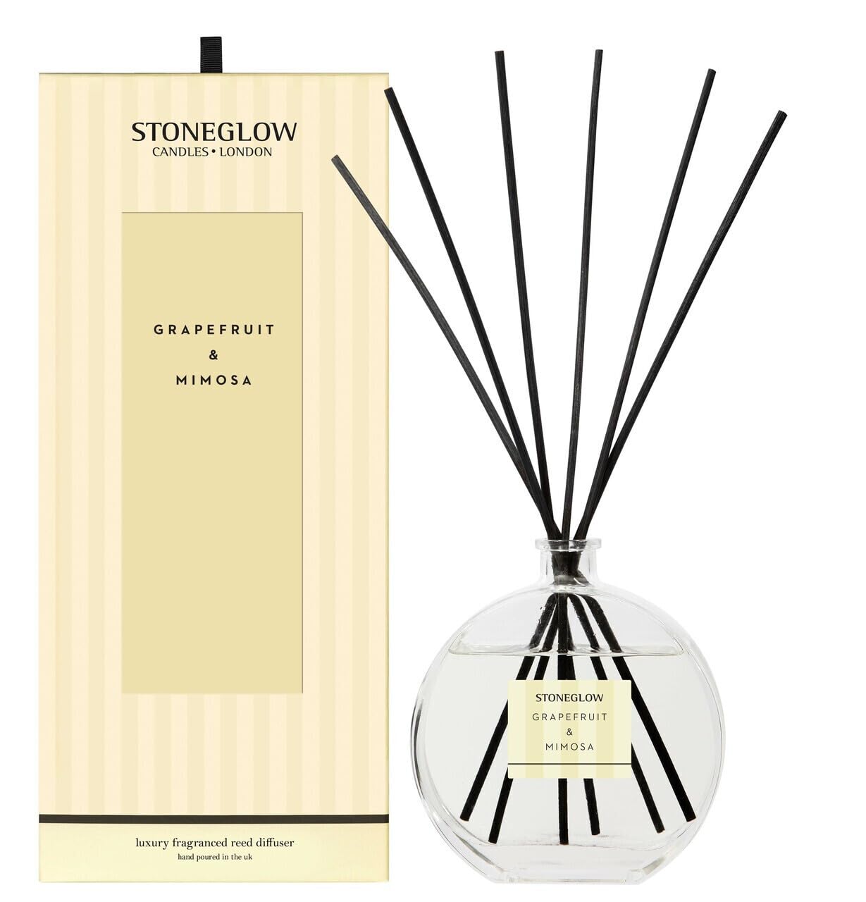 Stoneglow Modern Classics Grapefruit & Mimosa Scented Reed Diffuser 460ml with 12 Rattan Reed Diffuser Sticks, Grapefruit Blackcurrant Apple Mimosa & Lilac, Lasts 32 Weeks, Refillable Home Fragrance