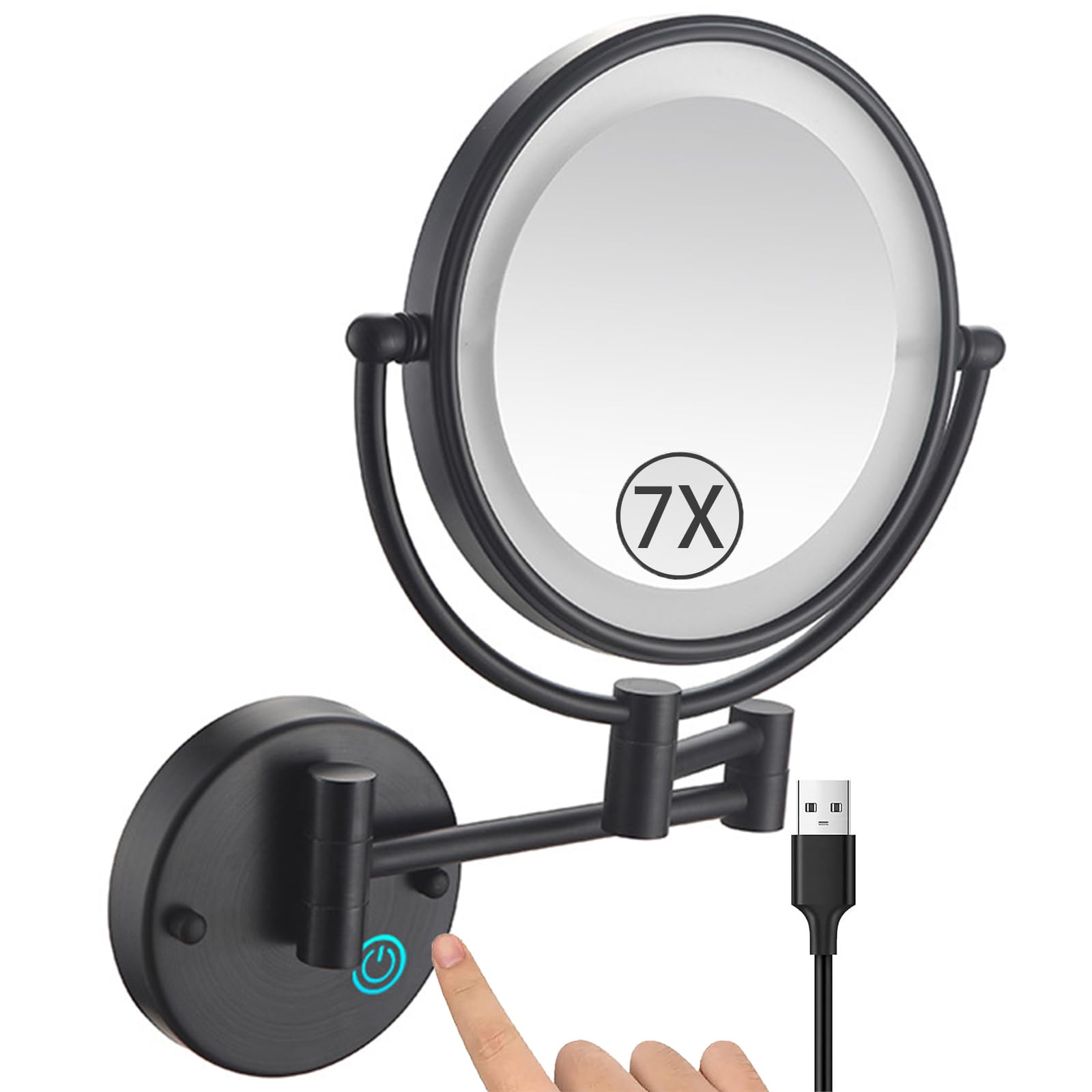 Obrotowe o 360° lustro do makijażu LED z dotykowym przyciemnianiem, 7-krotnym powiększeniem, czarna składana konstrukcja, zasilanie USB, dwustronne podświetlane lusterko kosmetyczne