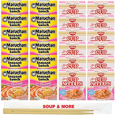 Maruchan Ramen Instant Shrimp Soup 12 Noodles Cups & 12 Nissin cup Shrimp Noodles Flavor Lunch/Dinner Variety, 24 Count, 2 Flavors