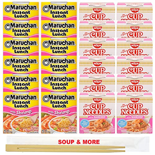 Maruchan Ramen Instant Shrimp Soup 12 Noodles Cups & 12 Nissin Cup Shrimp Noodles Flavor Lunch/Dinner Variety, 24 Count, 2 Flavors #TOP4