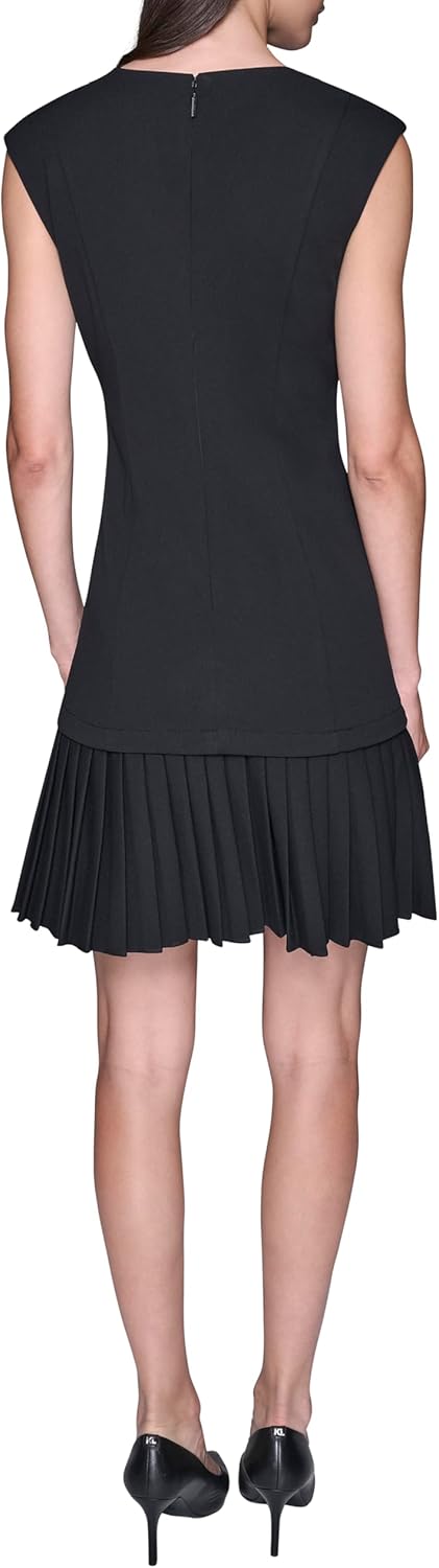 Karl Lagerfeld Women's Crew Neck Buttons on Shoulder Pleated Skirt Scuba Crepe A-line Dress - Image 4