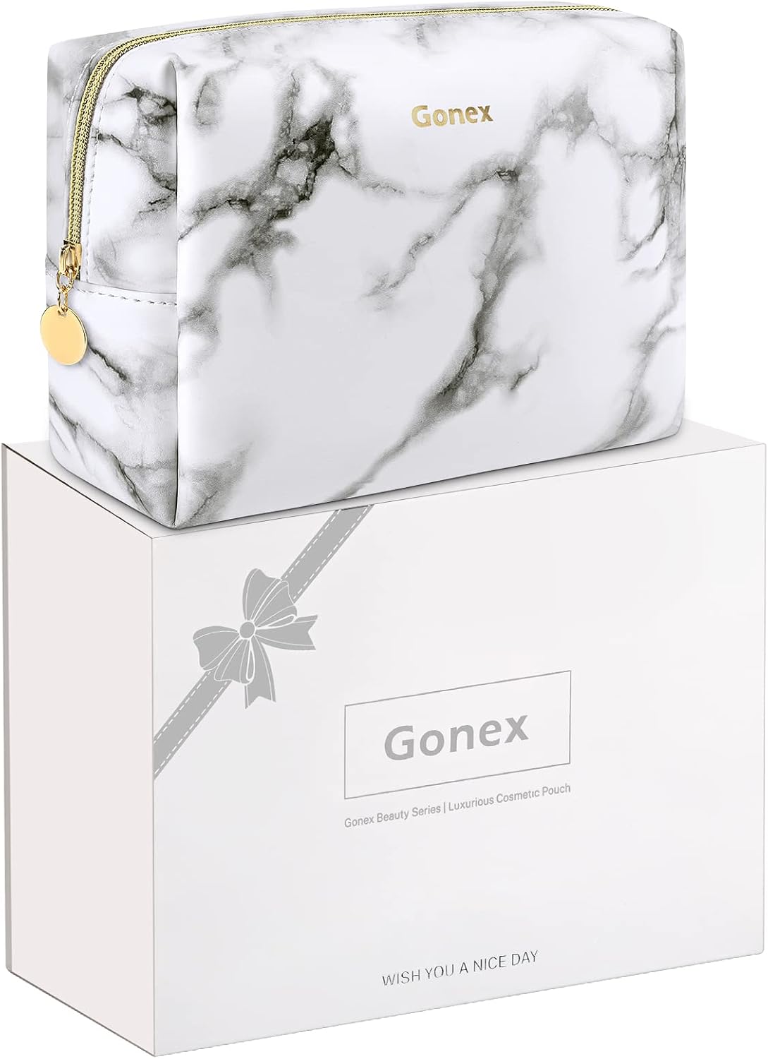 Gonex Small Makeup Bag for Purse, Water-Resistant PU Vegan Leather Travel Cosmetic Pouch with Gift Box, Portable Toiletry Bag for Women Girls Daily Storage Organizer White Marble