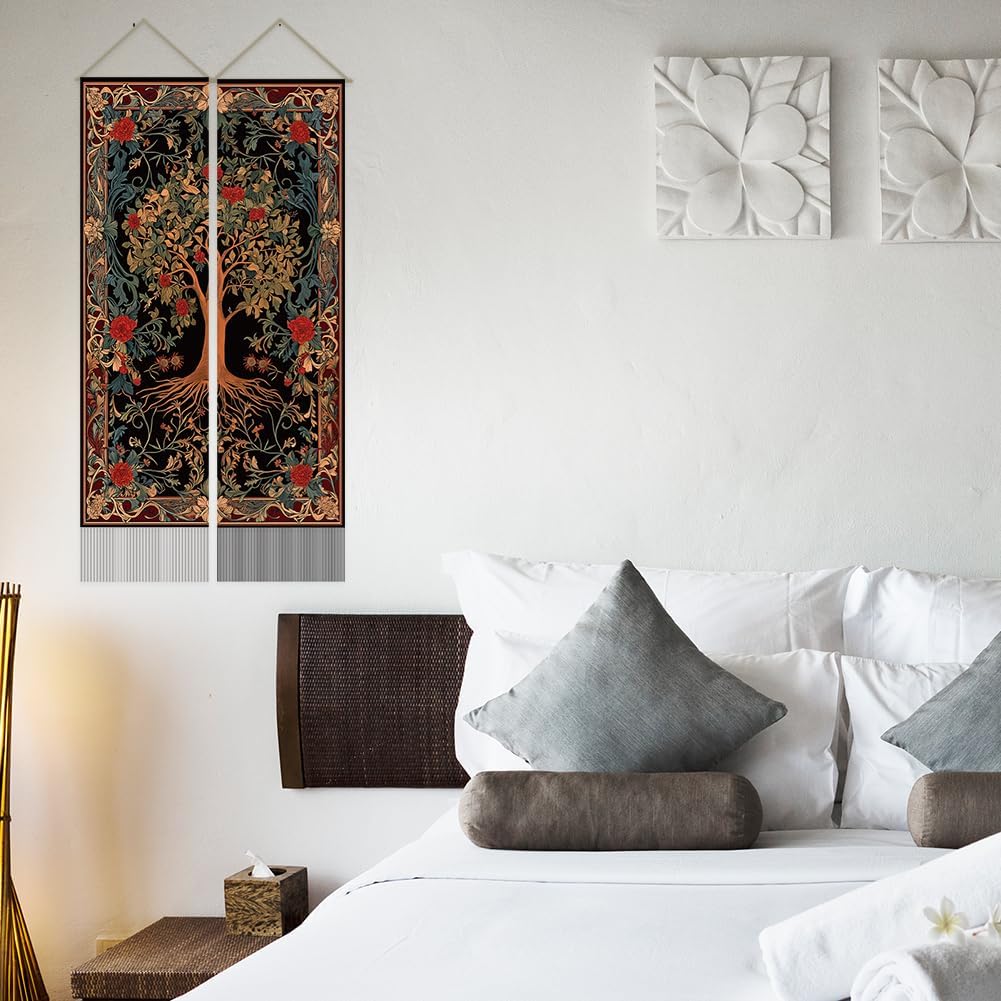 SUPERDANT Tree of Life Long Vertical Tapestry for Bedroom Folk Wall Hanging Narrow Art Vintage Blanket Decor 2 Pack Tapestries with Tassel for Home Living Room Dorm Gifts Brown 51x13 in