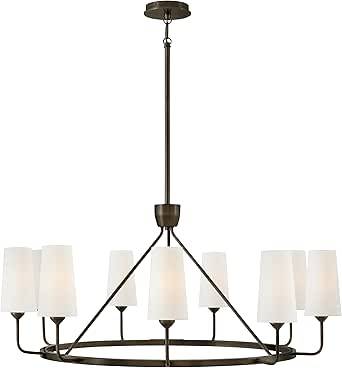 Hinkley Lewis 45009BX Large Single Tier Chandelier, Traditional 9-Light Round Hanging Fixture, Tall Tapered Drum Paper Shades, Slender Silhouette, Adjustable Height, in Black Oxide
