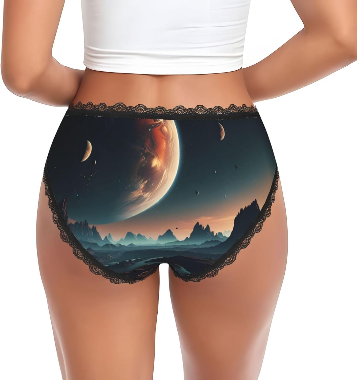 Planetary system surreal Women's Lace Briefs, Transfer Printing Low Rise, Polyester Spandex Seamless Soft Panties