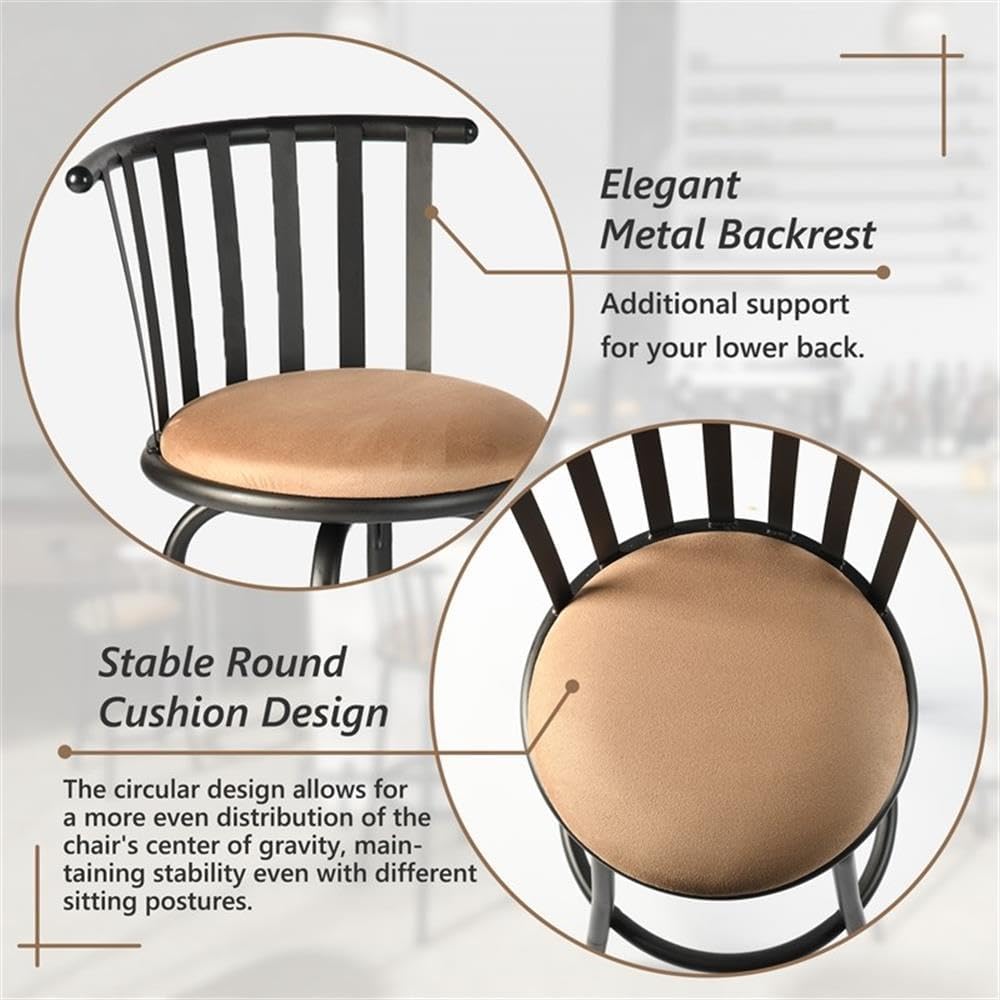 Pemberly Row 3-Piece Bar Stool Set, Adjustable Height 24–29 in, Cushioned Suede Seat, Curved Metal Backrest, Brown Finish, Sturdy Home Bar, Kitchen Island, or High-Top Table Seating