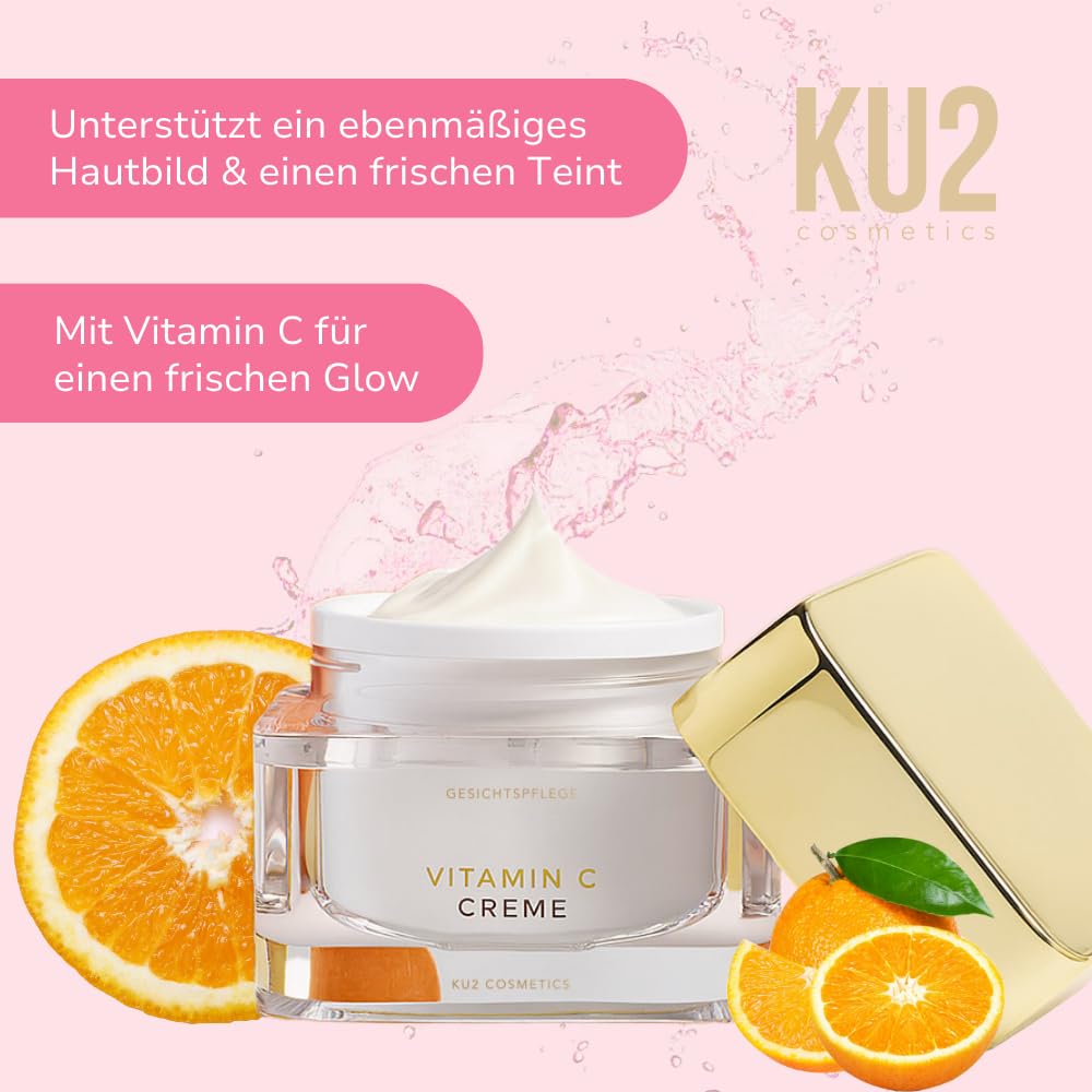 KU2 Cosmetics Vitamin C Serum + Gesichtscreme Set – Anti Aging Gesichtspflege für strahlenden Glow, gegen Pigmentflecken, Unreinheiten & trockene Haut, 60ml + 50ml