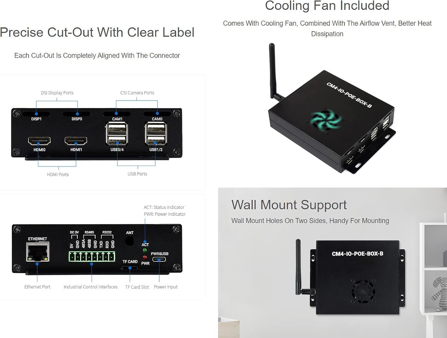 Waveshare PoE Mini-Computer (Type B) Based On Raspberry Pi Compute Module 4 (NOT Included) Metal Case with Cooling Fan Waveshare CM4 PoE IO Board (B) Inside