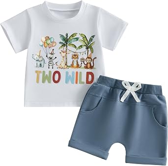 WZTYYDS Toddler Baby Boy 2nd Birthday Outfit Two Wild Safari Animal Print T-Shirt + Shorts Set 2T Birthday Clothes Summer
