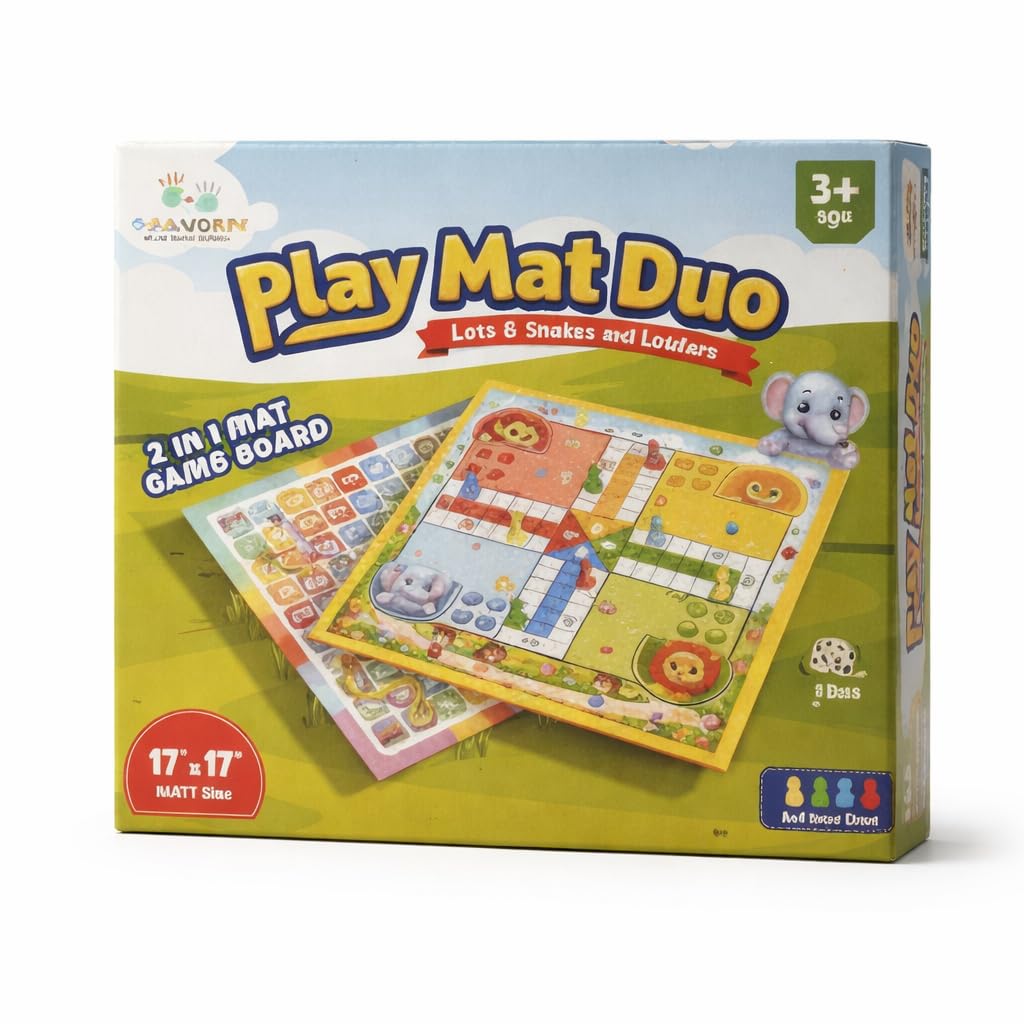 Braintastic Play Mat Duo 2-in-1 Reversible Ludo and Snakes and Ladders Fabric Board Game for Kids, Multicolor, 17x17 Inch