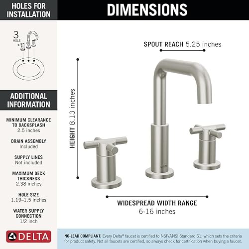 Miniatura 5 de Delta Faucet Nicoli - Grifo de baño generalizado de 3 agujeros, grifo de baño de níquel cepillado, grifo de baño de 2 asas, grifo de lavabo de baño,