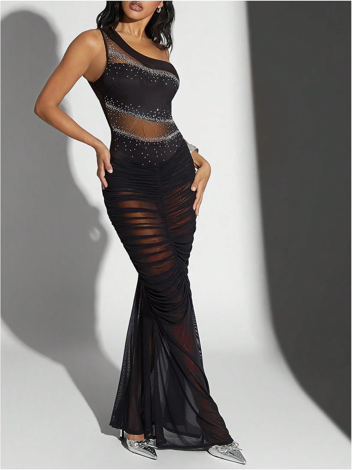 SweatyRocks Women's One Shoulder Bodysuits Sparkly Rhinestone Mesh Sleeveless Bodysuit Club Top - Image 4