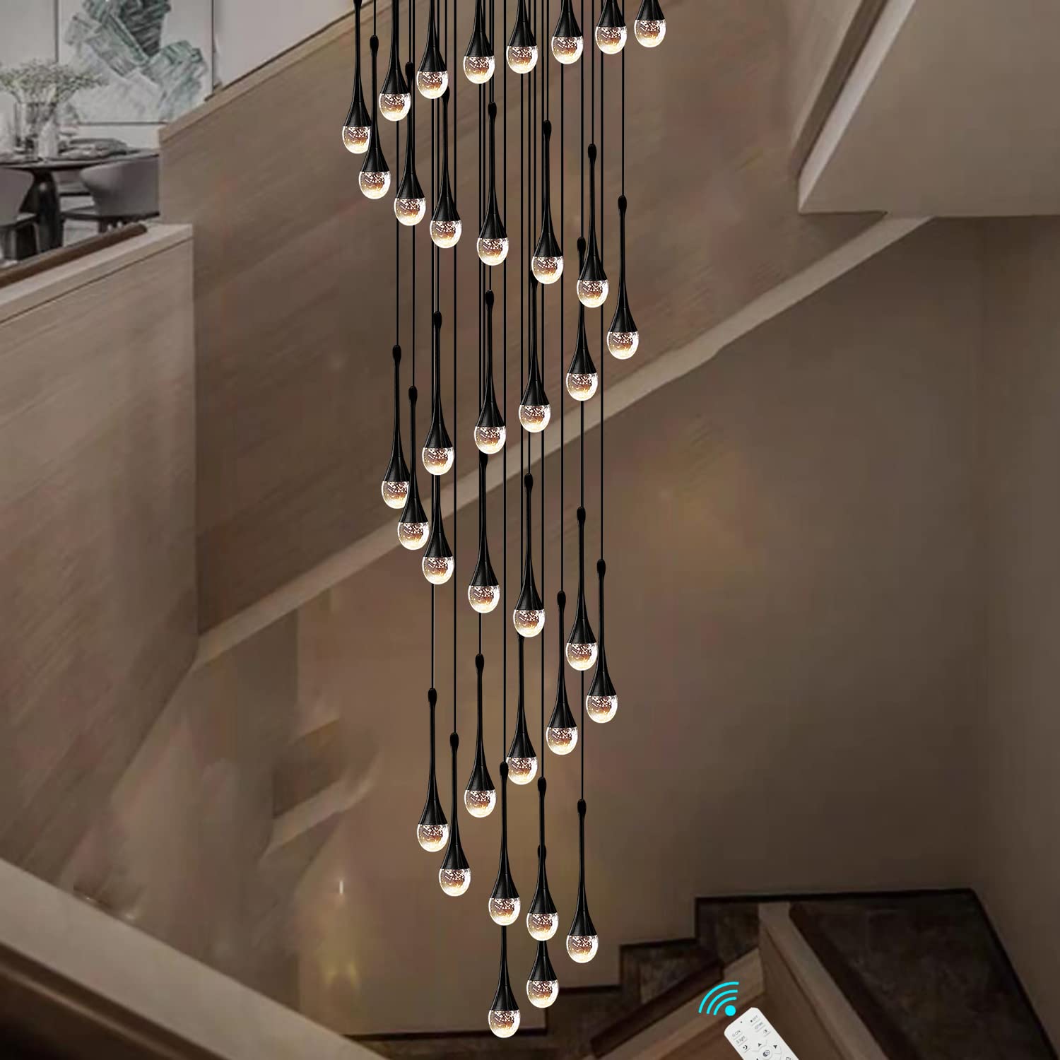 PCXEHUYP Light,138''/350Cm High Black 20Lights Spiral Staircase Chandelierra De Living Room Ceiling Chandeliers Foyer Entrance Crystal Chandelier Raindrops Bub/Black/Black:20Lights