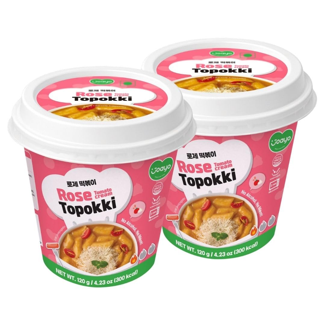 Joayo Rose Topokki Rice Cakes with Rich Flavorful Savory Sauce 120g Each, Pack of 2 Combo (240g) | Veg & Authentic Korean Topokki | The Product of Korea (Famous Korean Street Food)