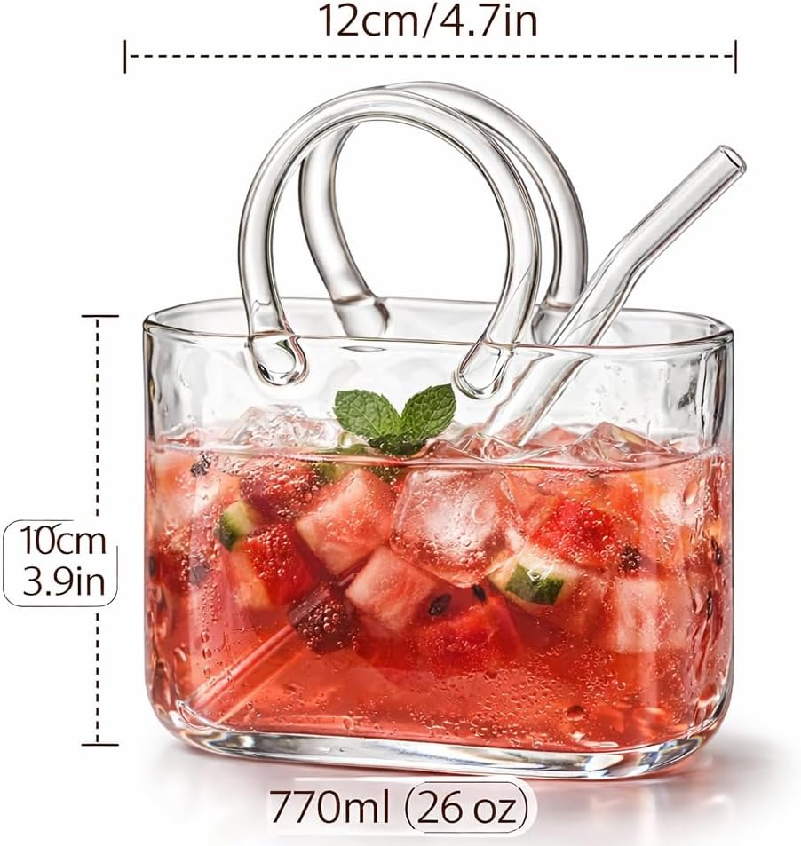 2026 Purse Drinking Glass,Glass Purse For Drinks Set Of 2,26oz Unique Wine Glasses Purse Gifts For Women Party,Fish Bowl Vase,Creative For Wine, Fruit Juice, Tea, Flowers With Straw & Brush (3PCS)