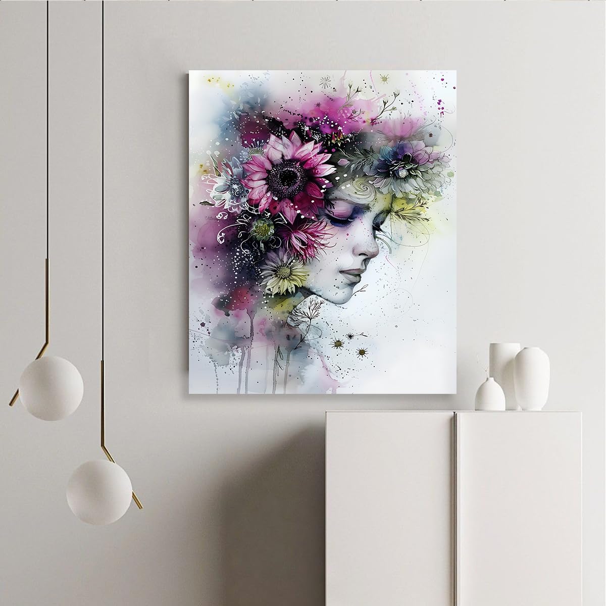 Chica vintage con flores impresión sobre lienzo para pared 87x118cm