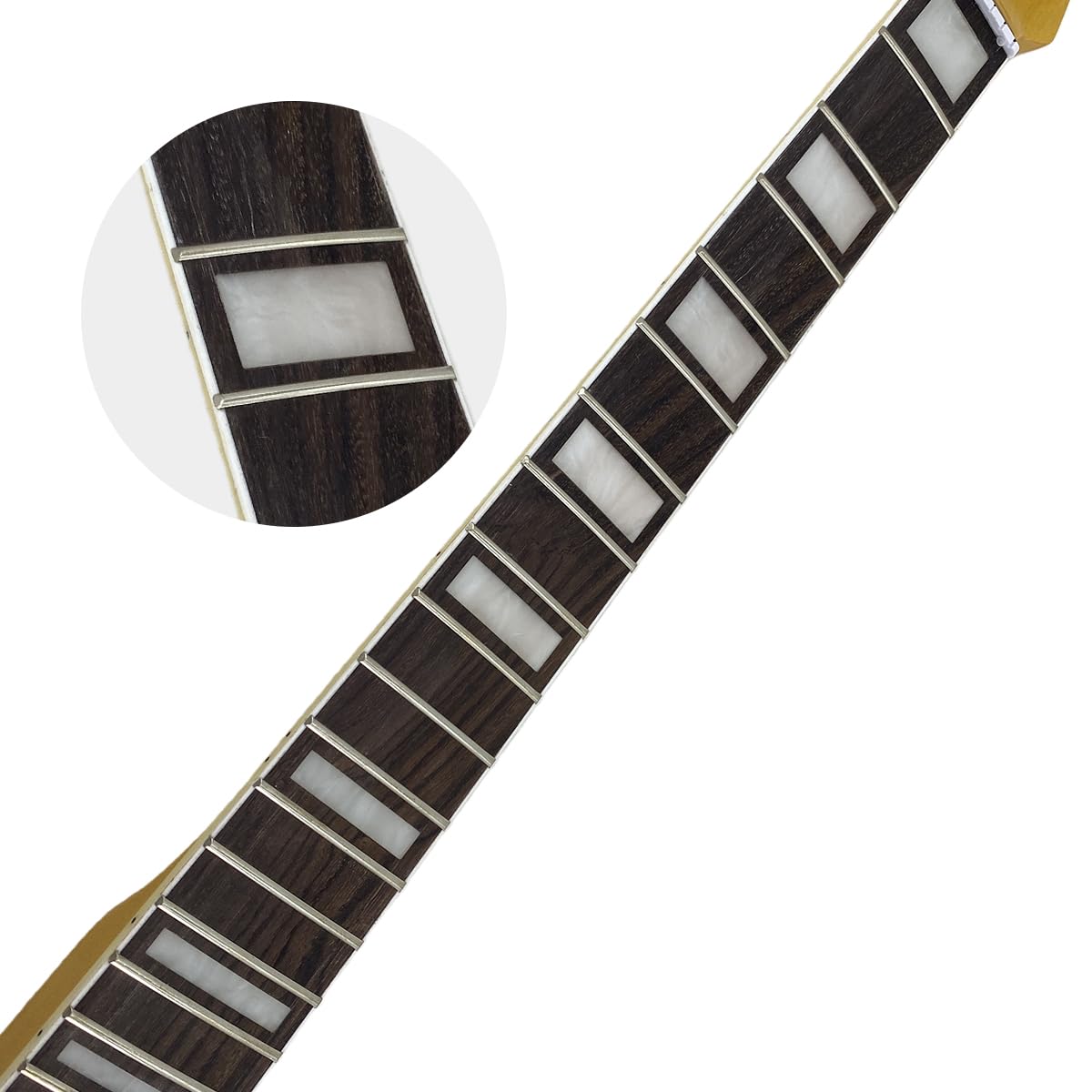 Manico di ricambio per chitarra elettrica in acero per mancini, con vernice gialla lucida, 22 tasti, scala 64,8 cm, tastiera in palissandro con inserto bianco, forma a C, dado normale sul