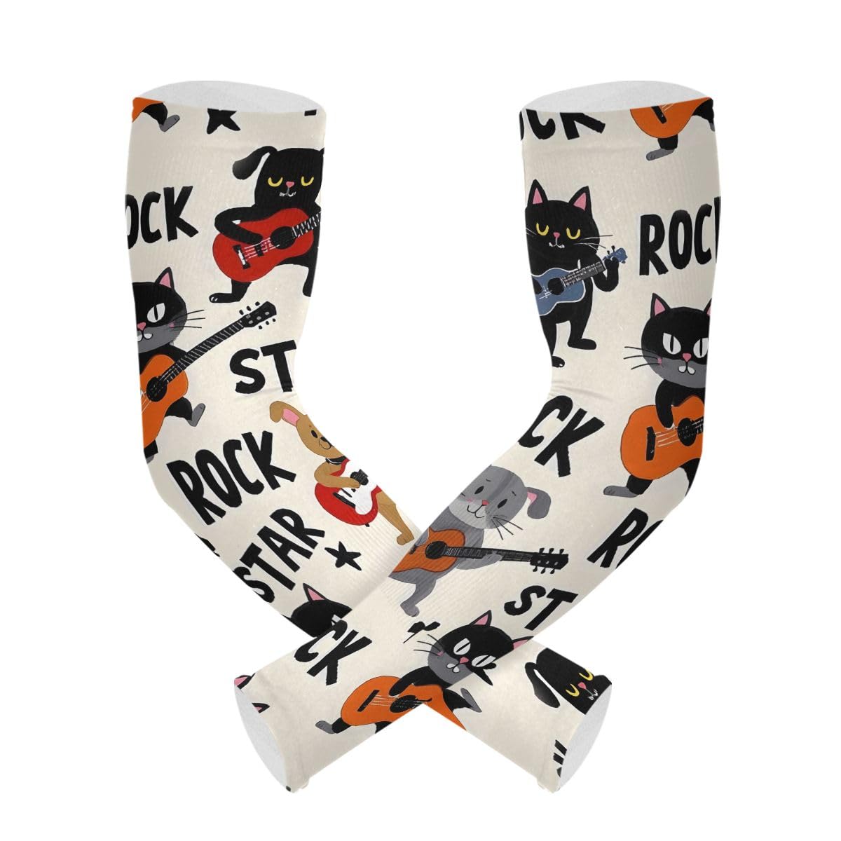Cooling Arm Sleeves for Men Women UV Sun Protection Arm Covers Cat Playing Guitar Compression Sleeves Sports Football Golf Cycling