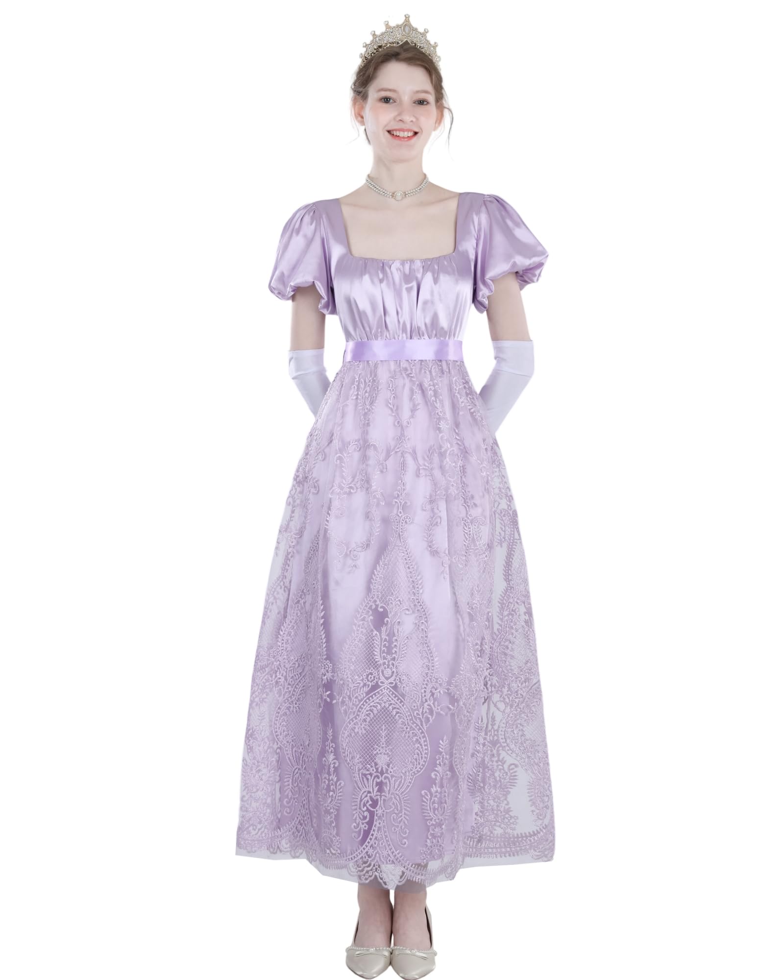 Abito da donna Regency con maniche a sbuffo, stile impero, vintage vittoriano, con ricamo a rete, abito da tè con guanti