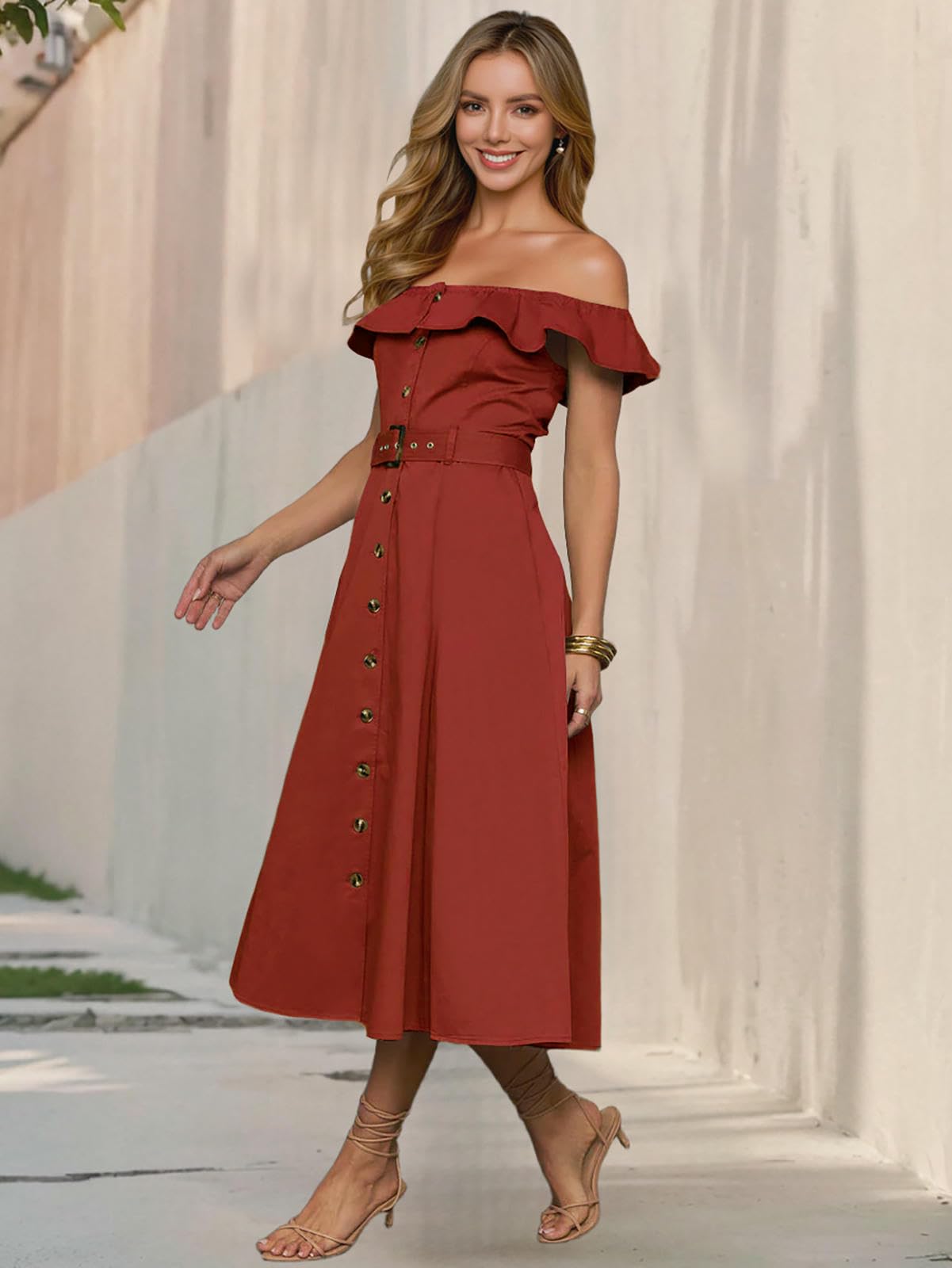 Sukienka damska elegancka letnia sukienka retro z jednym ramieniem wąska falbanka pasek na guziki A-line-morela-m