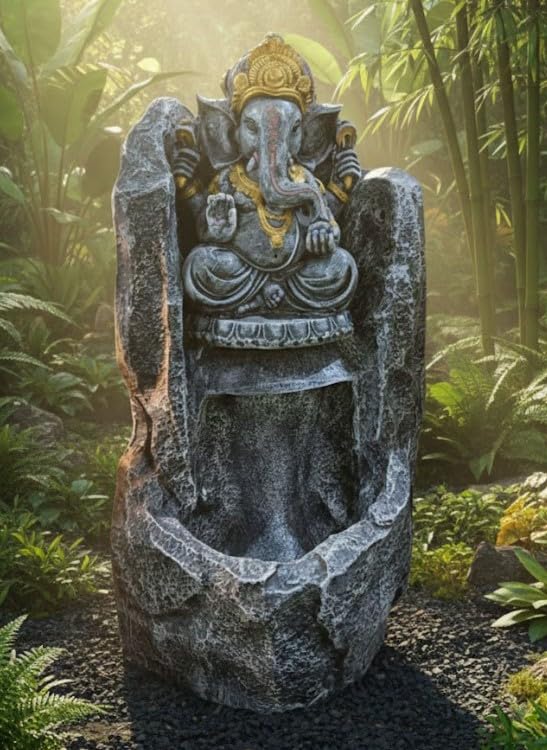 Image of Pahad Big Fiber Ganesh Ji 2.3feet Water Fountain Showpiece Idol for Home Living Room Temple Decor with Led Lights Table Top Decoration Gifting Item, Color -Black