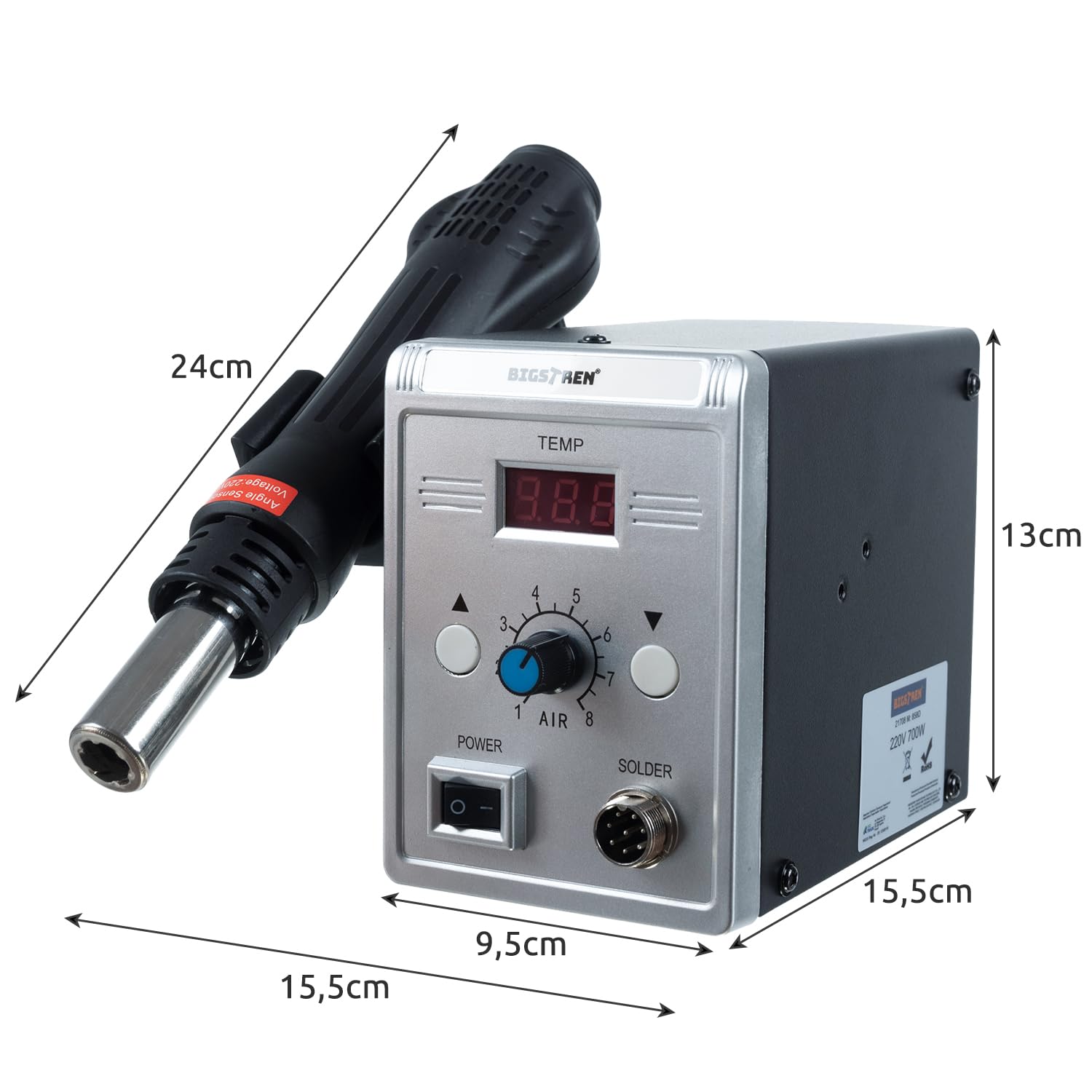 BIGSTREN Stazione di saldatura ad aria calda 700 W LCD, 3 ugelli, regolazione temp. e flusso d'aria – Hot-Air per elettronica, plastica, riparazioni