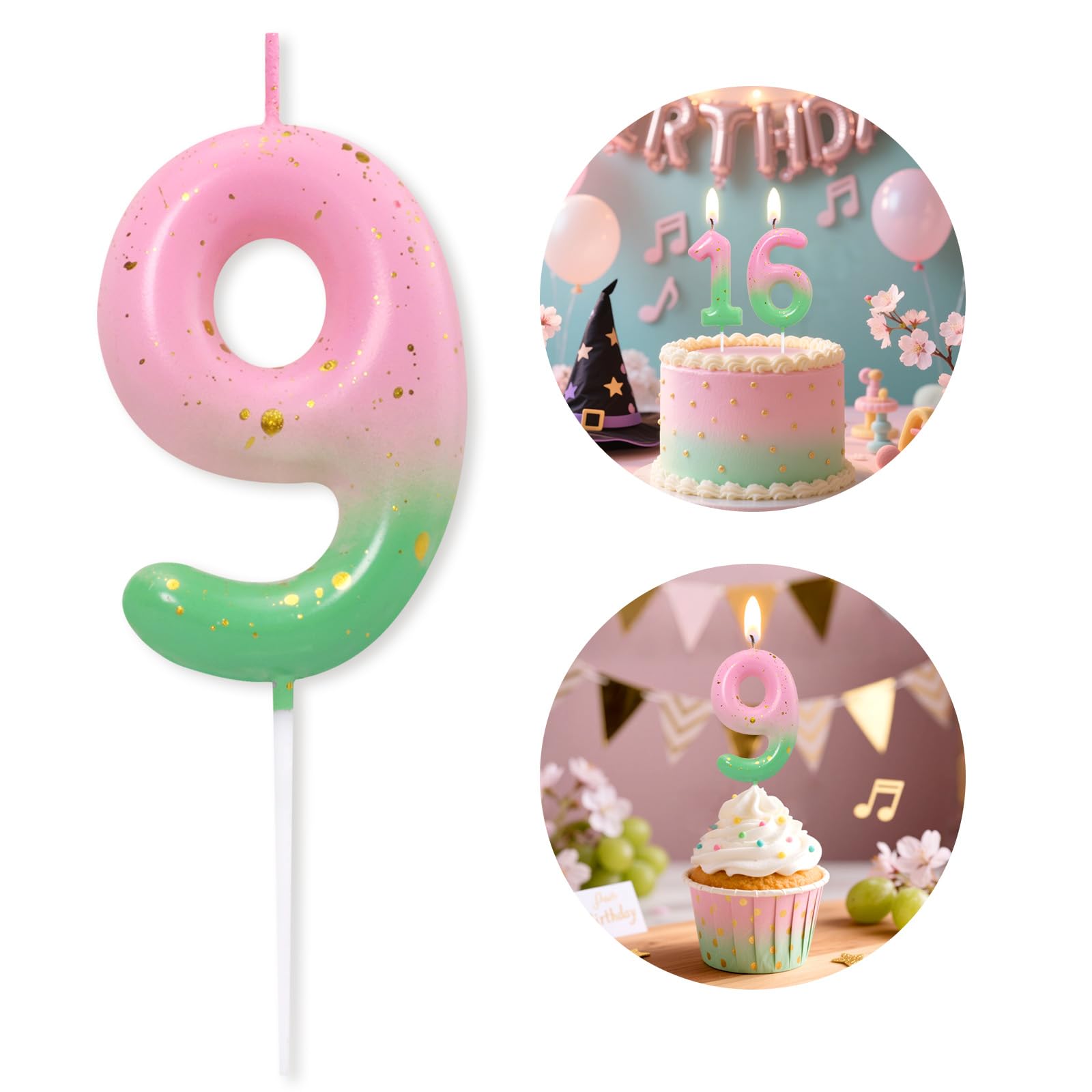 Pink Green Number 9 Candle Happy Birthday 3D Number Candles for Birthday Cake Party Decoration Wedding Anniversary Celebration Supplies