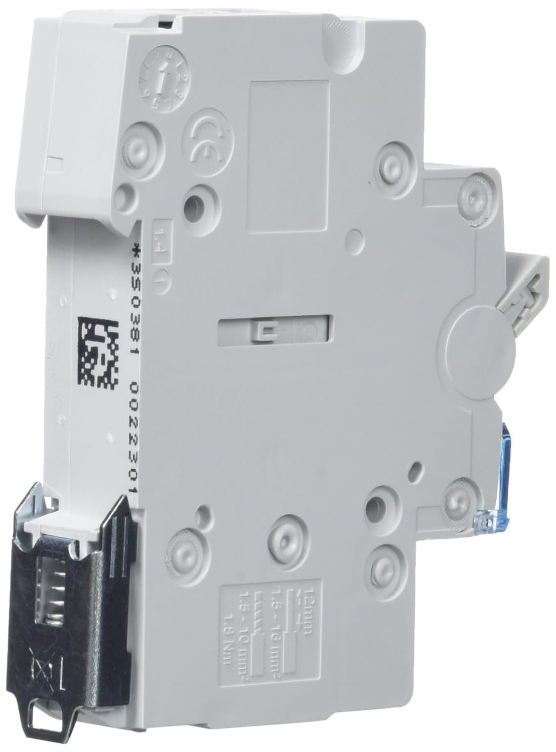 Lato view of Hager SFT140 Modular Changeover Switch showing DIN rail clip and wiring specifications