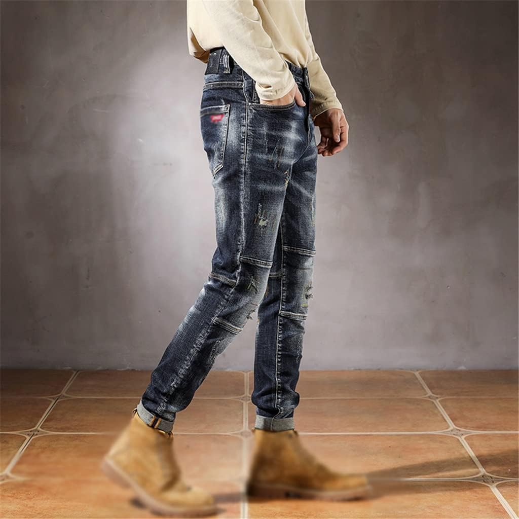 Ripped Jeans for Men Dark Stretch Slim Fit Distressed Patchwork Hip Hop Streetwear Frayed Casual Denim Pants