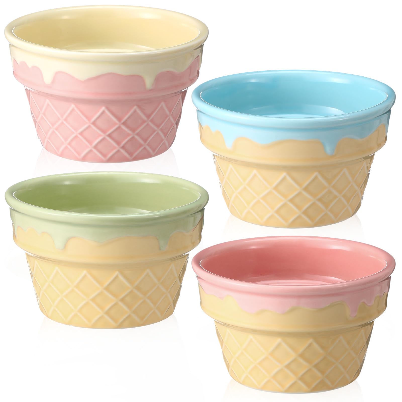 4 Pcs Ceramic Ice Cream Bowl 9 oz Porcelain Waffle Cone Cup, Colorful