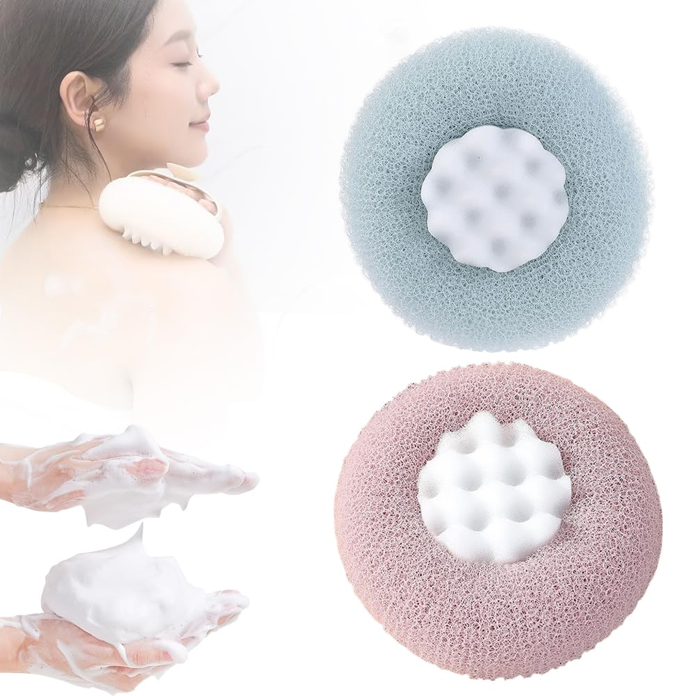 Super Soft Sunflower Suction Cup Bath Ball, 2025 Upgraded 2 in 1 Bath Sponge with Comfortable Non-Slip Handle, Sunflower Bath Ball Exfoliating Mesh Bath Sponge Cleaning Brush (Purple+Green)