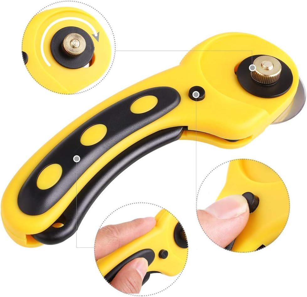 Rotary Cutter with 5 Pcs 45mm Rotary Spare Blade Refill Set - Alloy Steel Blade, Ergonomic Comfortable Grip, Sewing Cutting Tool, for Cutting Fabric Paper Cloth Leather Mat Craft Supplies (Yellow)