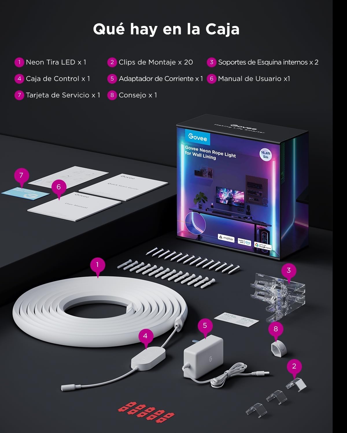 Govee Neon Tira LED para Cenefa, 3M RGBIC Luces LED de Luz para Líneas | Compatible con Matter, Sinc de Música, Cortable, para Sala de estar, Sala de Juegos, Dormitorio, Corredor