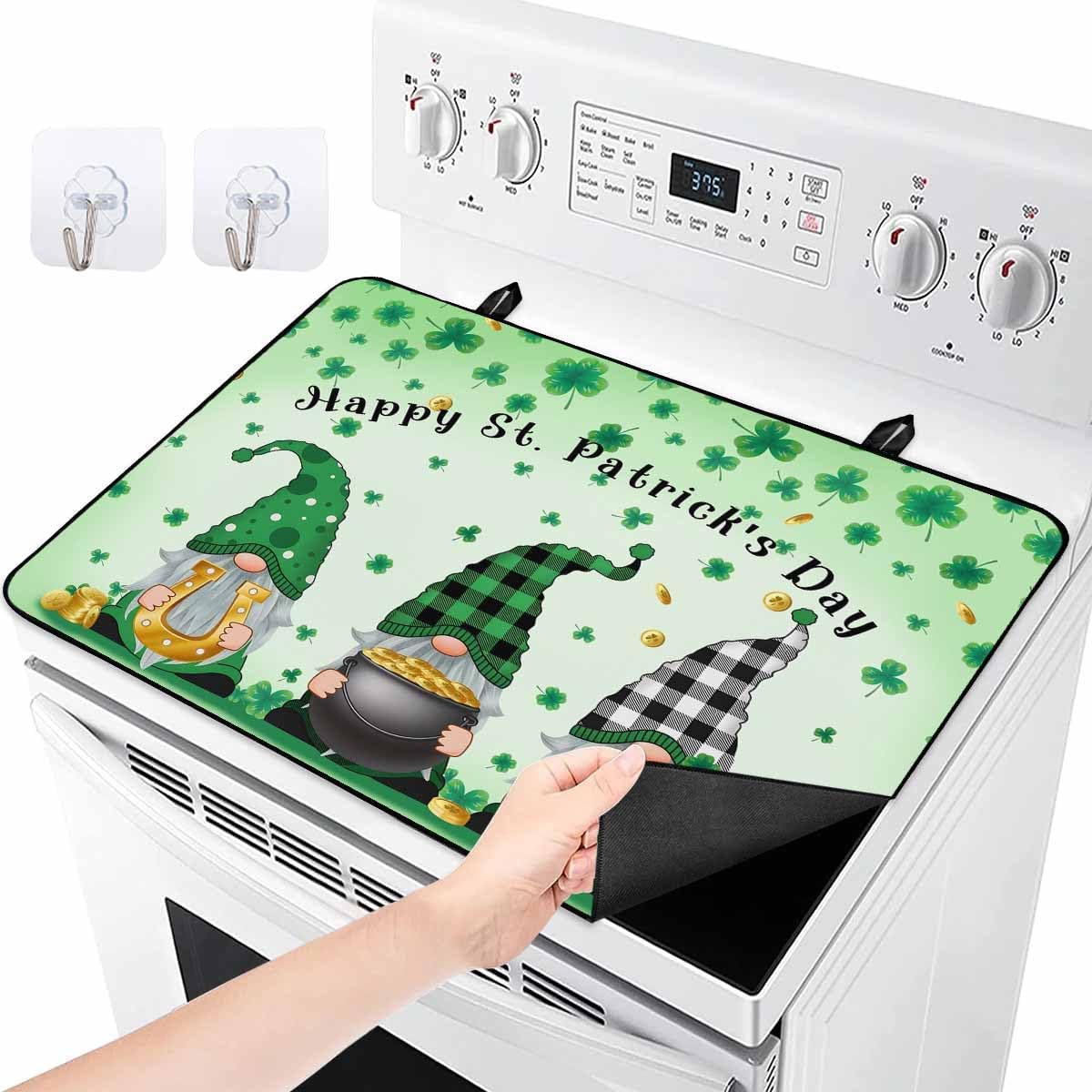 St. Patrick's Day Stove Cover for Electric Stove, St.Patrick's Day Shamrocks Buffalo Plaid Gnome Linen Stove Top Cover, Heat Resistant Rubber Mat Foldable Cooktop Cover Top Protector, 28.5"x20.5"