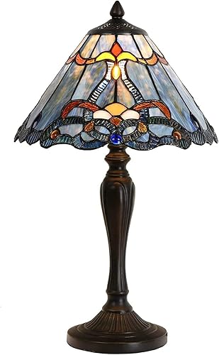 Bieye L10683 Lámpara de mesa barroca estilo Tiffany con vitrales de luz nocturna con pantalla azul de 12 pulgadas de ancho para mesita de noche,