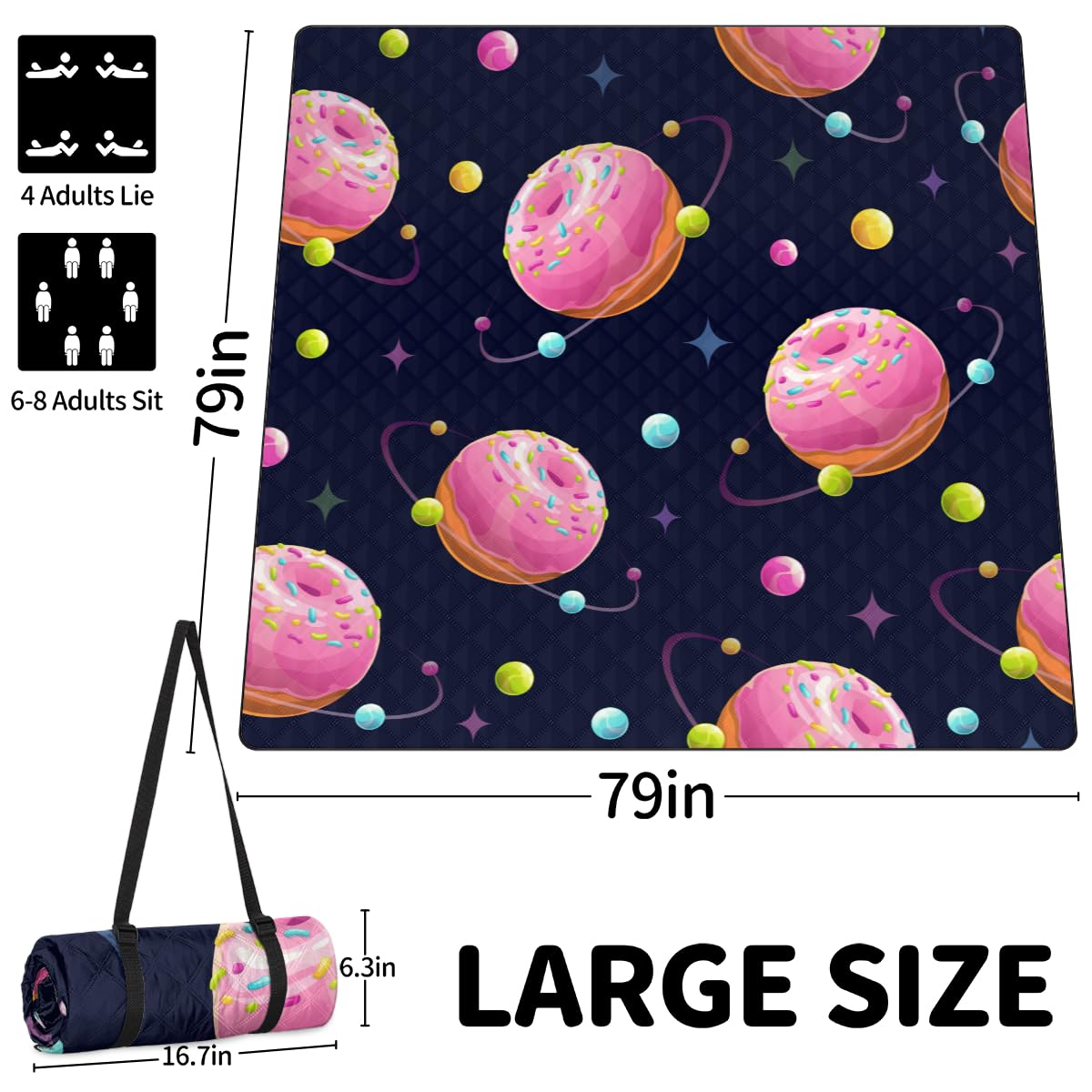 Shimoshe Extra Large Picnic Blankets 79”x 79”, Planet Donuts Waterproof Foldable Picnic Mat with Straps Portable Beach Blanket for Camping Park Grass Beach Indoor