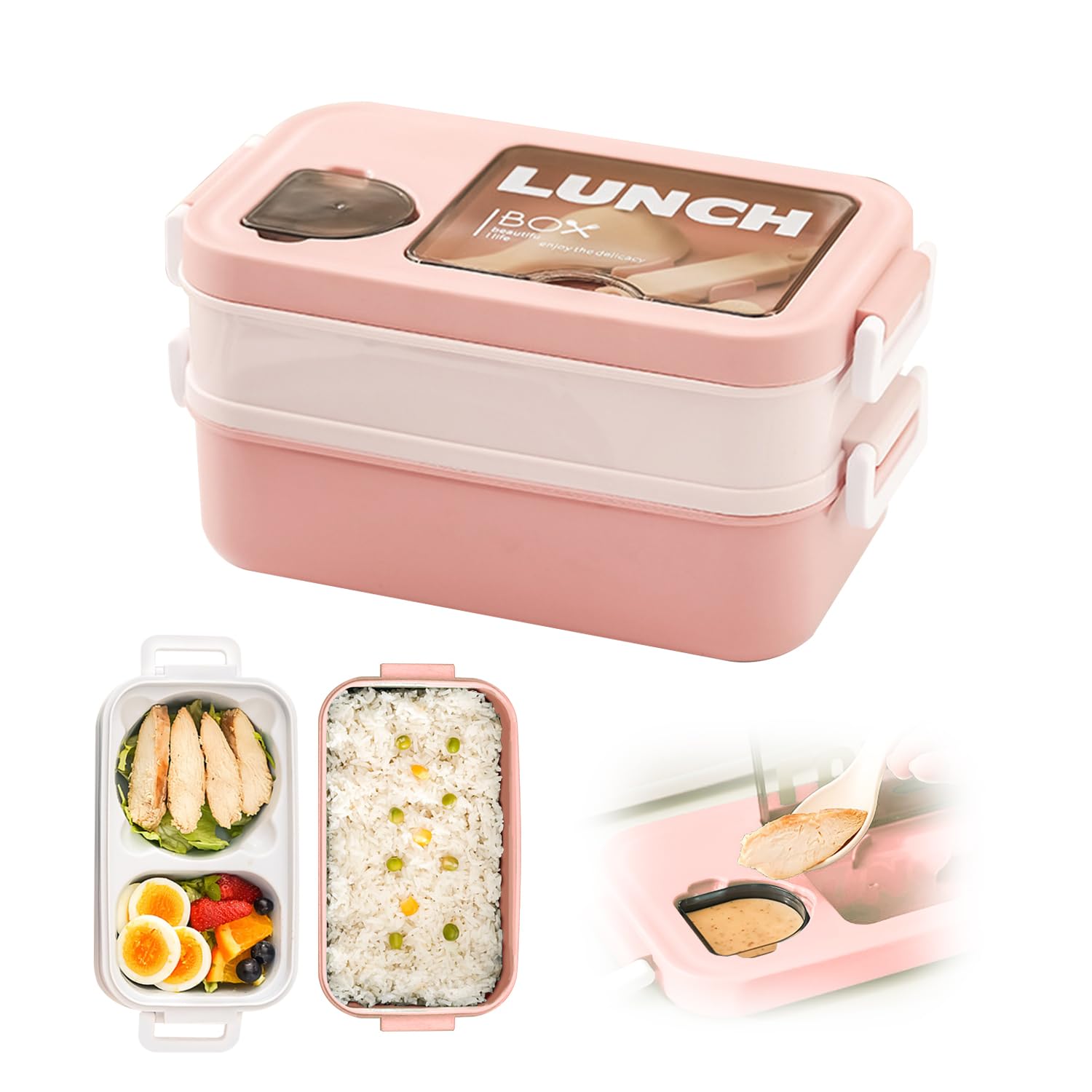 L.starryisland Pink Lunch Box 2 Layers - Umami Lunch Box With Sauce Jars And Utensils - Microwave Safe Heated Bento Box - Airtight Lunch Box Ideal For Office School And Travel (Pink)