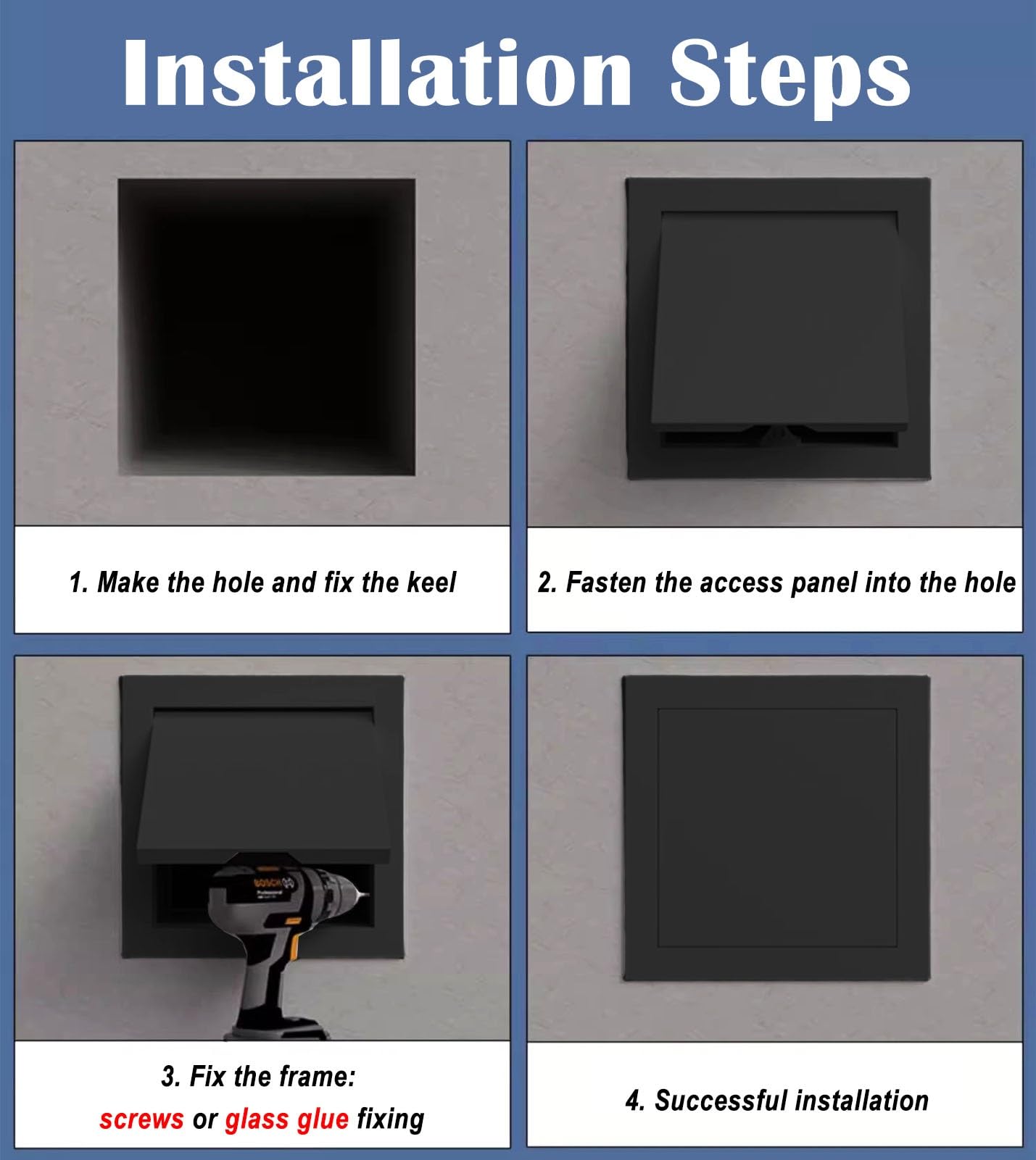 Trampilla Pladur Negro Panel de Acceso para Fontaneria Electrica, Puerta de Acceso a La Pared del Atico Metal, Click to Open Drywall Trampilla Pladur Tapa de Revisión Tapa Caja Fusibles, Incluye Torni