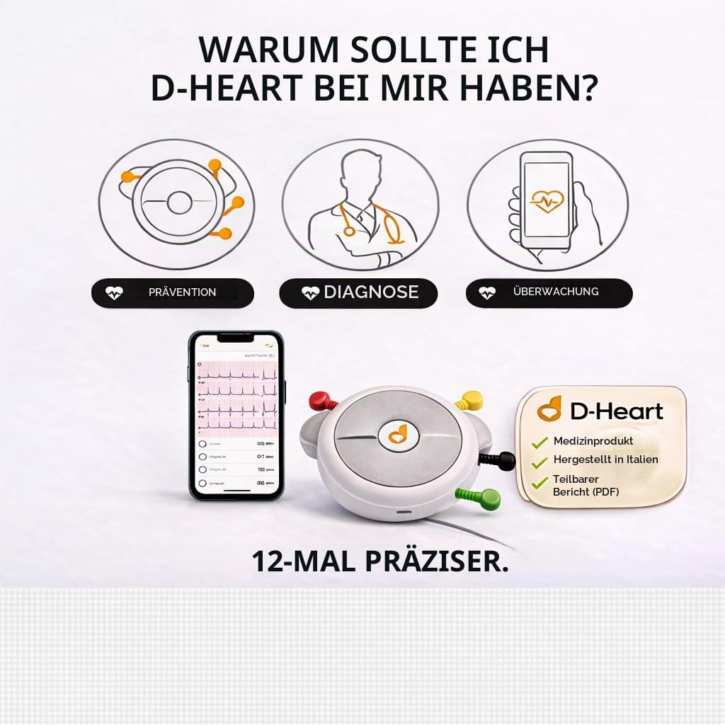 D-Heart ECG Tragbar 8/12 Ableitungen | 60 Elektroden inkl. | App mit Anleitung | PDF Export | iOS/Android | Für Ärzte & Zuhause