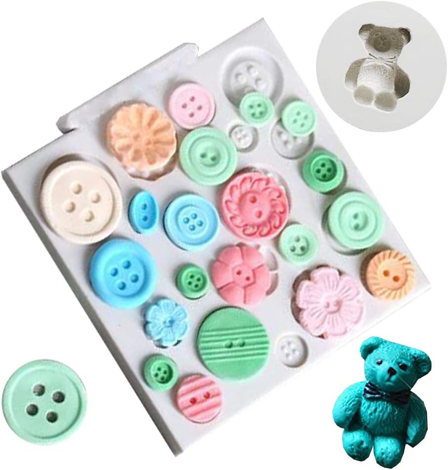 Toy Bear - Teddy Sitting Design Mat & Button Shape Silicone Mould for Cake Decorating Cupcakes Sugarcraft Candies Pack of 2