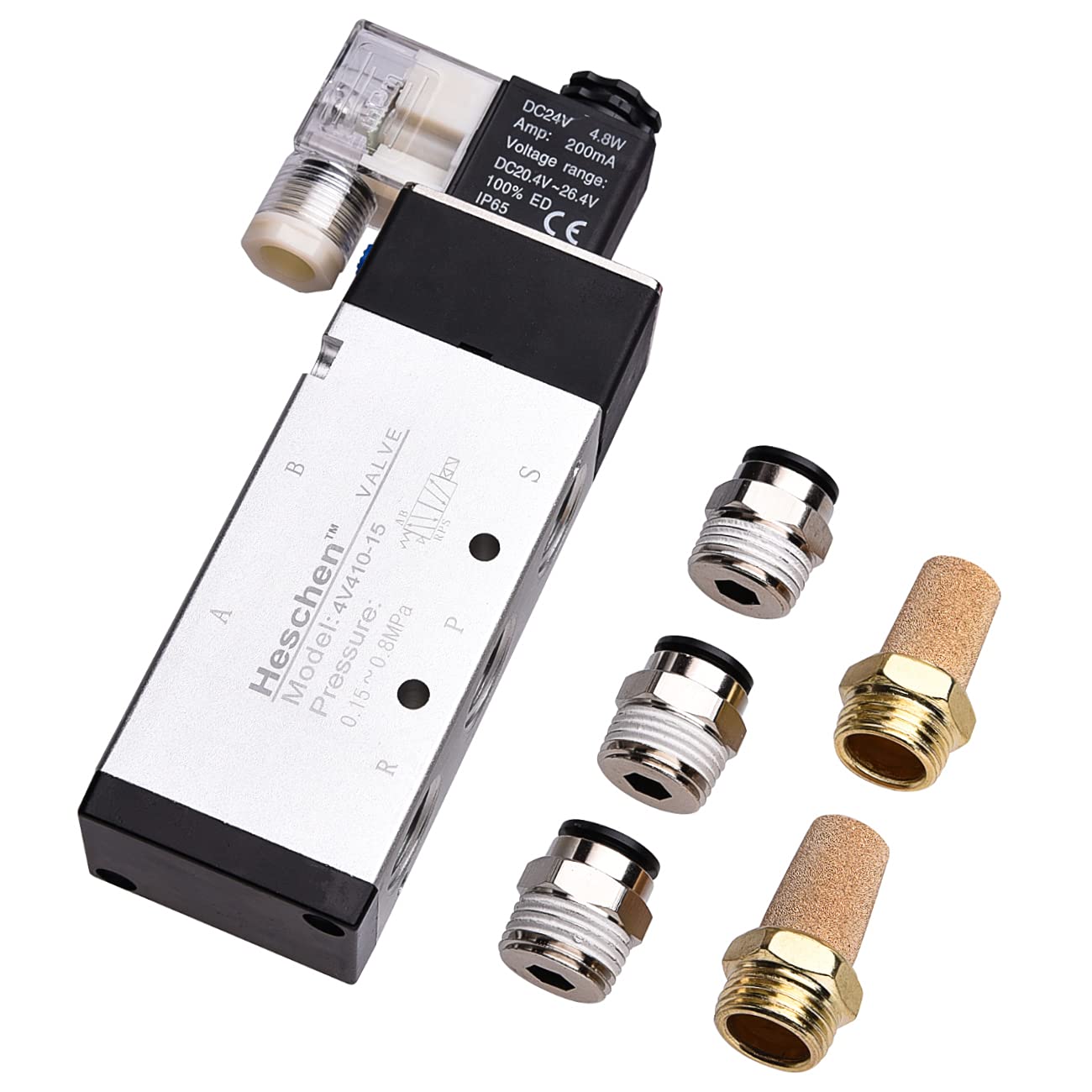 Heschen White, Black Electrical Pneumatic Solenoid Valve 4V410-15 220Vac Pt1/2 5 Way 2 Position Single Coil Pilot-Operated Electric Ce With Fittings And Muffler