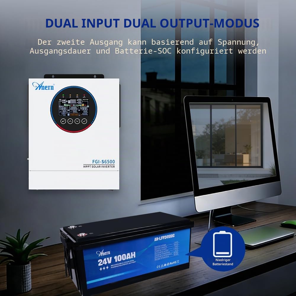 Anern FGI 12000 W Solar-Hybrid-Wechselrichter mit Netzeinspeisung - Evolution der ECO-Serie - 48 V bis 230 V, reine Sinuswelle, doppelter MPPT 160 A, 2 PV-Eingänge, doppelter AC-Ausgang, optionales