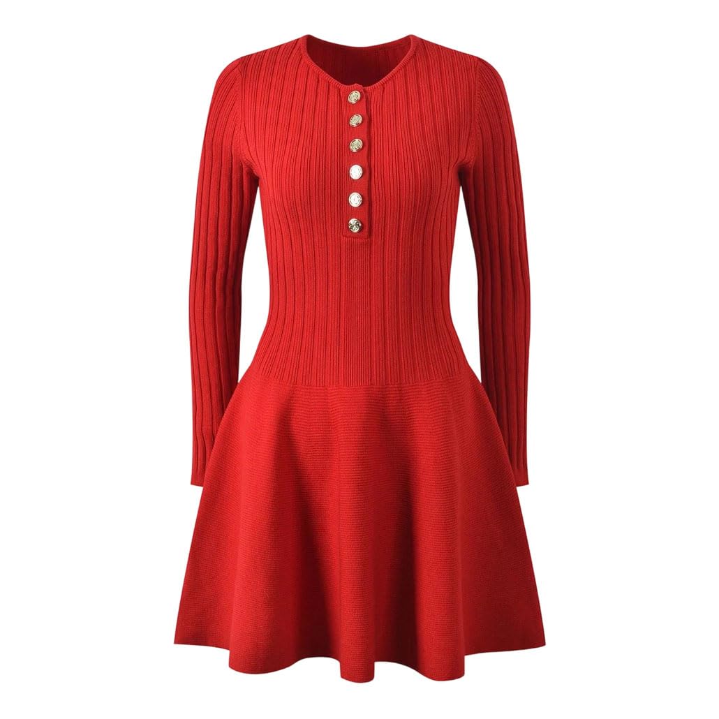 Womens French Style Slim Waist Single-Breasted Long Sleeve Knitted Dress
